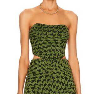 Camila Coelho Seraphina Houndstooth Jacquard Lace Up Cropped Corset Green XS